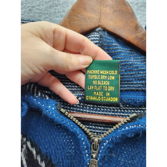 Handcrafted Blue Wool Blend Zip-Up Hoodie With Eagle Design Drawstring Hem - Picture 3 of 7